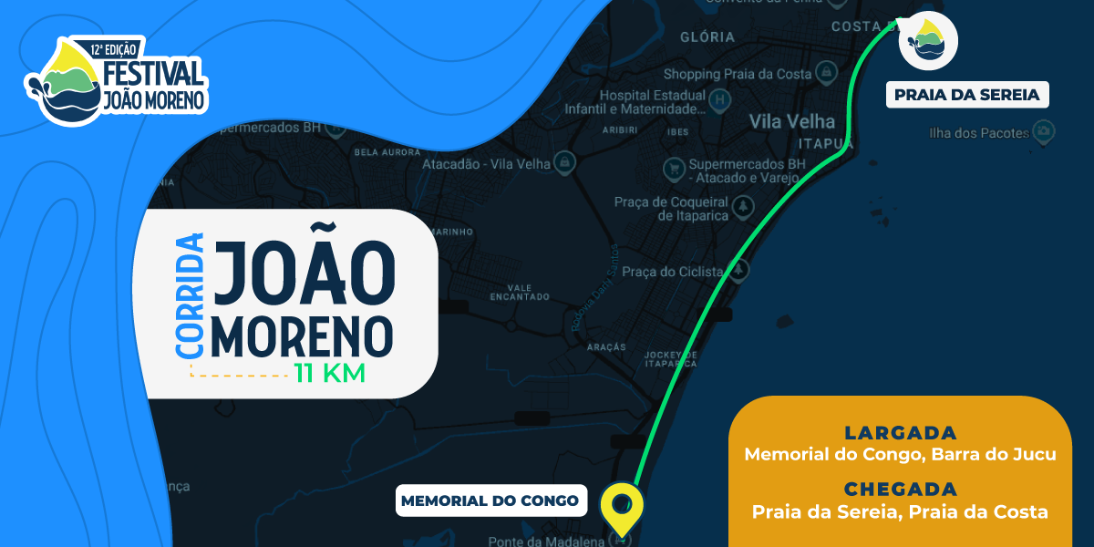 Percurso da Corrida João Moreno 11km, da Ponte da Madalena — Memorial do Congo, na Barra do Jucu — à Praia da Sereia, na Praia da Costa