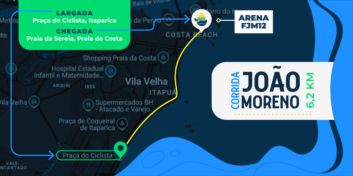 Percurso da Corrida João Moreno 6,2km, da Praça do Ciclista em Itaparica à Praia da Sereia, na Praia da Costa
