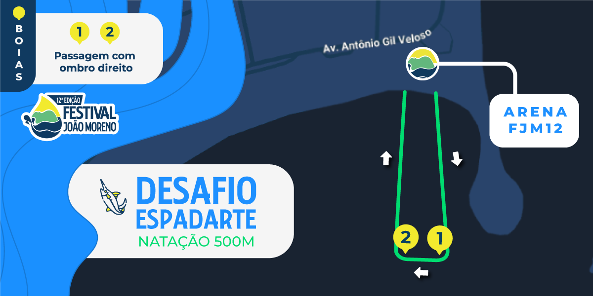 Percurso do Desafio Espadarte, natação de 500 metros com largada e chegada na Arena FJM12