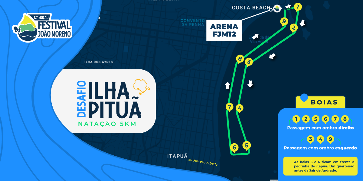 Percurso do Desafio Ilha Pituã, natação de 5km com nove boias, saindo e chegando na Arena FJM12