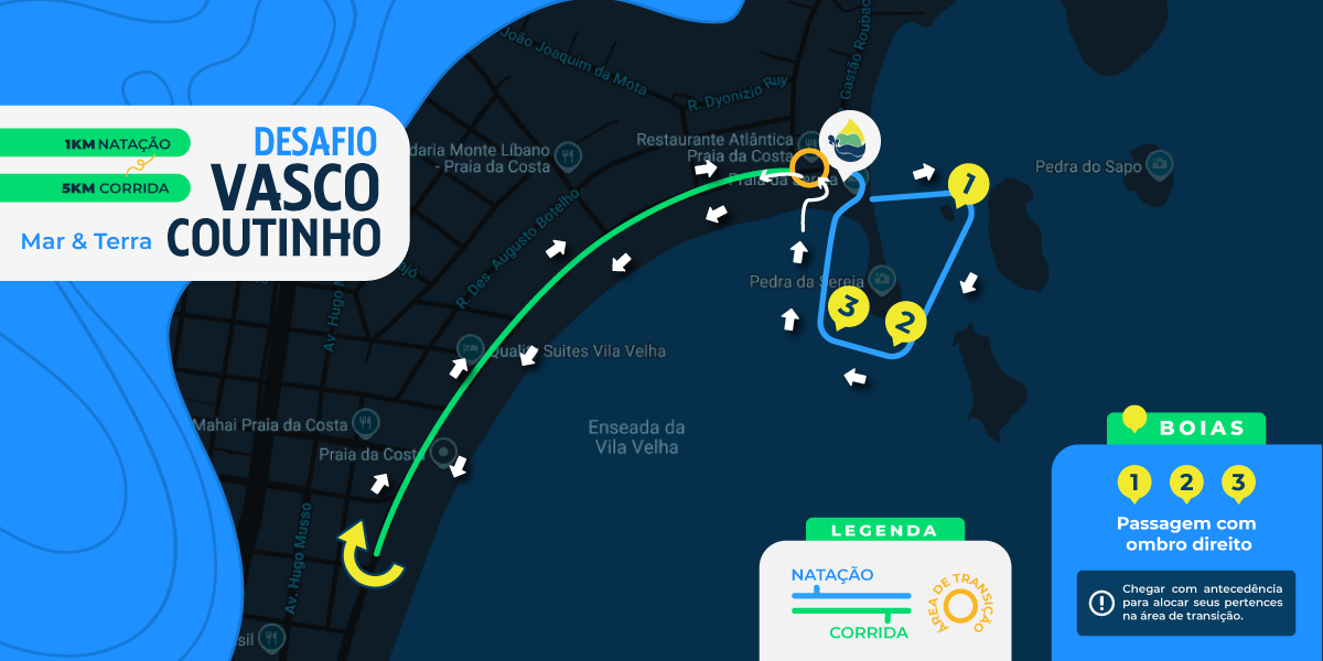 Percurso do Desafio Vasco Coutinho: 1km de natação, área de transição e 5km de corrida